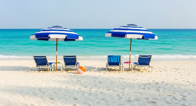 Two beach umbrellas with chairs and a ball on a white sand beach near the ocean