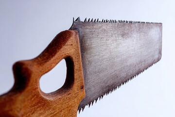 Close-up of a vintage hand saw with a wooden handle, showcasing its sharp teeth against a plain background