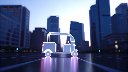 White Auto Rickshaw 3 D Render Dusk Cityscape Minimalist Design three wheeler tuktuk