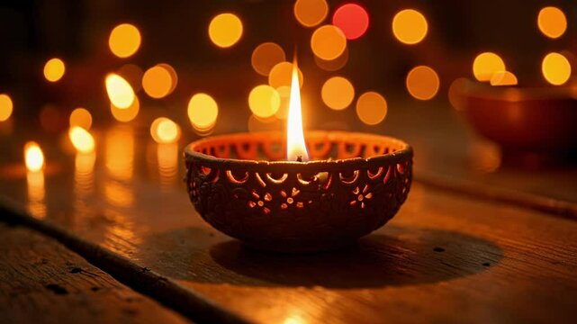 Experience the warmth and beauty of Diwali with this footage showcasing a candle featuring intricate patterns and dazzling bokeh lights, perfect for celebration decor. - Powered by Adobe