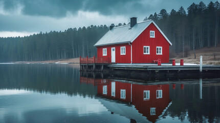 A solitary red house stands on a tranquil lake, its perfect reflection mirrored in the glassy water. The moody sky and silent forest create a scene of profound serenity.