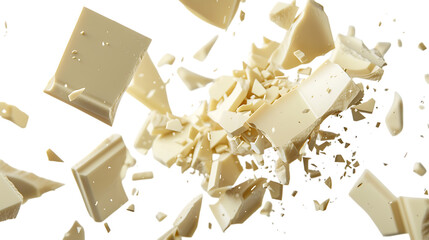 Chunks of white chocolate explode in a sweet, sugary cascade isolated on transparent background