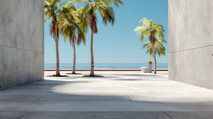 Tropical serenity meeting modern architecture featuring palm trees ocean view concrete backdrop conveying peacefulness