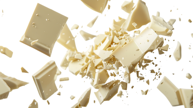 Chunks of white chocolate explode in a sweet, sugary cascade isolated on transparent background