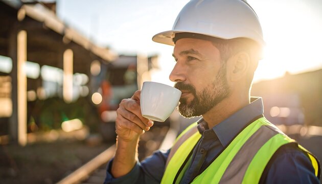 Construction worker enjoying coffee break on site with relaxing in the sunlight.