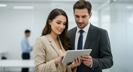 Business Colleagues Collaborating on Tablet Project Teamwork Success Modern Office