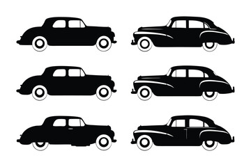 Classic Car Silhouettes: A collection of vintage automobiles captured in striking black and white silhouettes, showcasing iconic designs of a bygone era, perfect for graphic resource.