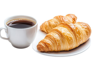 Freshly baked croissants and hot coffee in a white cup isolated on transparent background