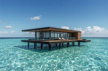 Modern Luxury House Above Clear Turquoise Water Surrounded by Tropical Beauty and Sunlight