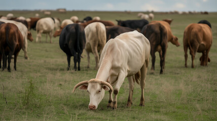 A herd of cattle grazes peacefully in a grassy field, showcasing rural livestock farming