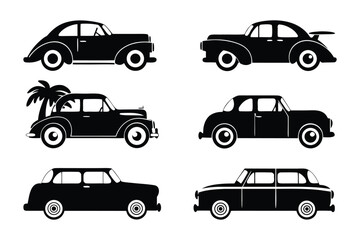 Classic Car Icons: A collection of six classic car silhouettes, representing different styles and eras of vintage automobiles.  Each car is depicted in a simple, elegant black-on-white design.
