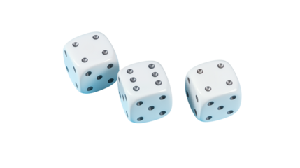 Three white dice with black pips scattered on a black background in a studio shot for game night fun
