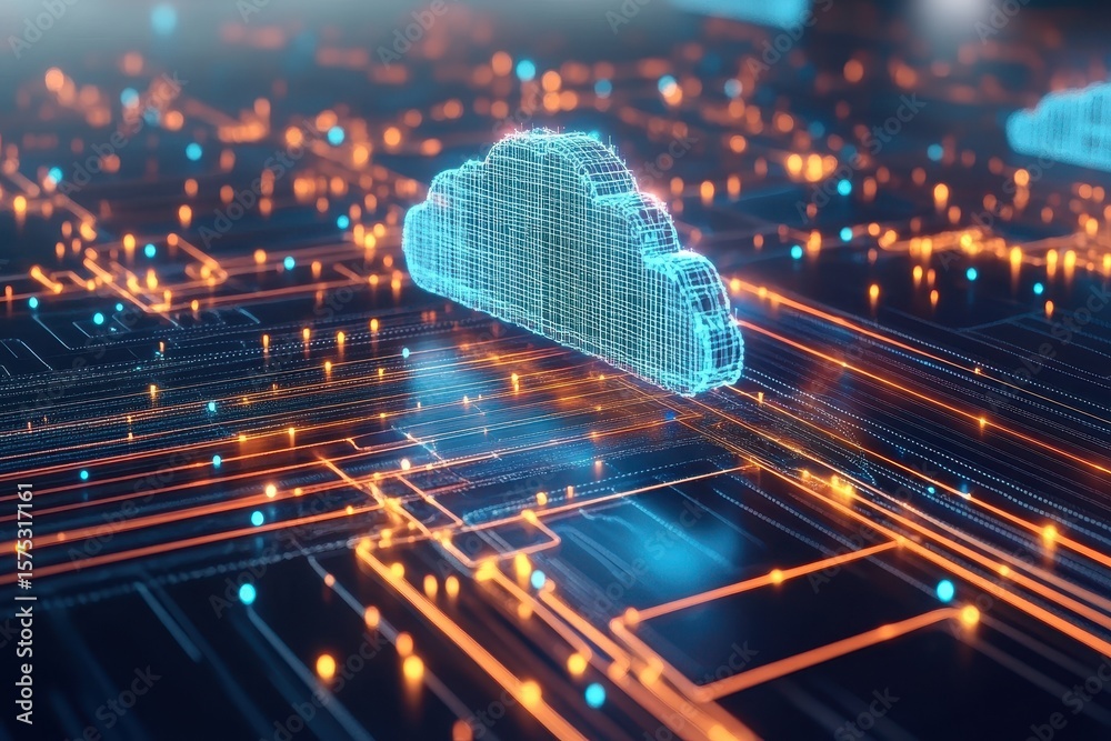 Poster abstract technology background featuring a cloud and data stream in a digital landscape, abstract te