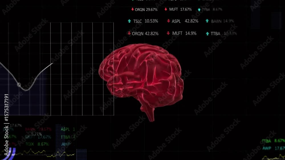 Poster on start red 3d brain model rotating and zooming into neuron network for neural data visualization