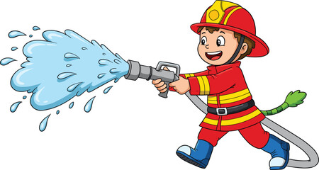 Cute cartoon firefighter kid in uniform spraying water with hose, colorful vector illustration for children, emergency rescue safety concept