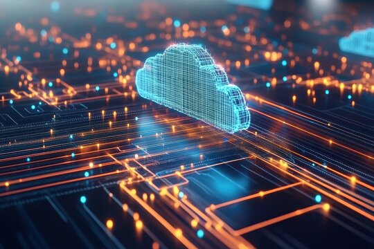 Abstract technology background featuring a cloud and data stream in a digital landscape, Abstract technology background Data stream or cloud computing seamless