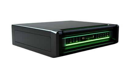 Angled view of a dark audio amplifier with green illuminated details on a black background studio shot