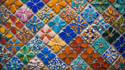 A vibrant mosaic of colorful ceramic tiles arranged in floral patterns. The textured, handcrafted details create a rich and artistic wall decoration.