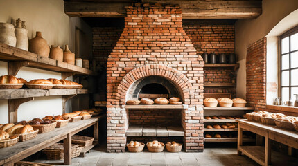 A rustic bakery with a large brick oven, wooden shelves, and tables filled with fresh bread loaves in baskets, bathed in warm natural light from a large window.