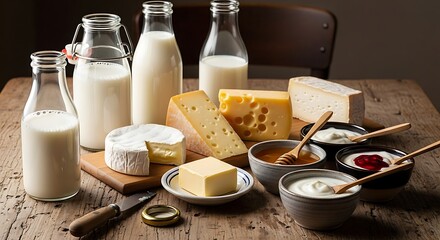 A display of dairy products including milk cheese butter and yogurt on a table