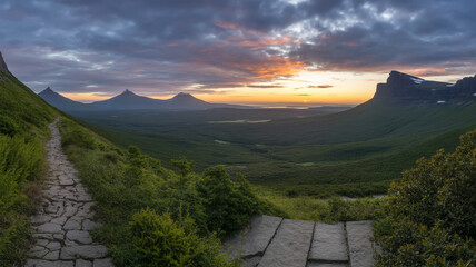 A scenic mountain landscape unfolds under a dramatic sunset sky with a winding stone path