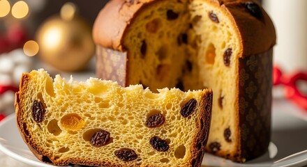 Close up of a sliced panettone cake with raisins and candied fruit on a plate