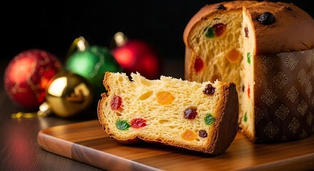 A slice of panettone on a wooden board with christmas ornaments in background