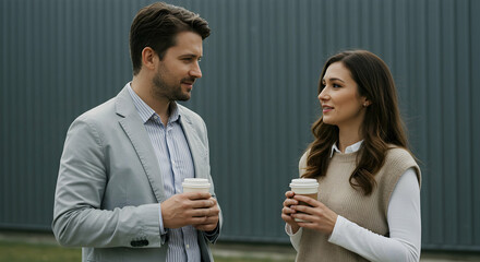 Young professional couple enjoying coffee break conversation outside modern building