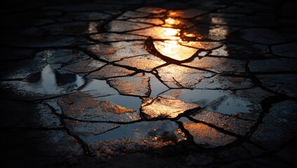 Cracked pavement reflecting sunset