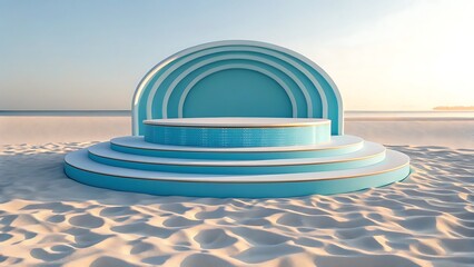 Modern tiered stage with arched backdrop on a serene sandy beach at sunset with ocean view