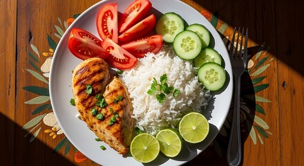 Grilled chicken breast with rice tomatoes cucumbers and limes on a white plate