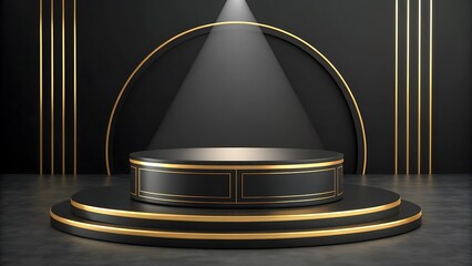 Luxurious black and gold multi tiered circular stage with spotlight and decorative vertical gold lines