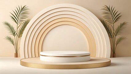 Minimalist product display stage with arch and palm plants in warm neutral tones