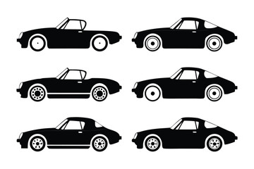 Fototapeta premium Classic Car Collection Silhouettes: A collection of iconic classic car silhouettes, presented in striking black and white, perfectly capturing their timeless elegance and the romance of the road.