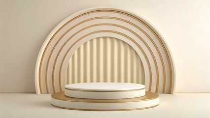 Elegant beige and gold tiered podium with arched layered backdrop and soft vertical fabric curtains