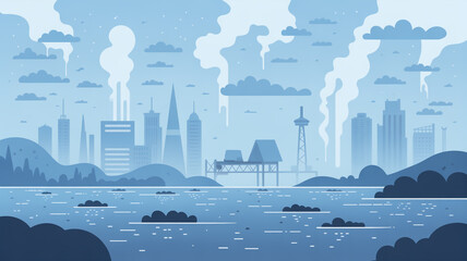 A stylized cityscape illustration featuring buildings, water, and clouds in a cool, monochromatic color scheme