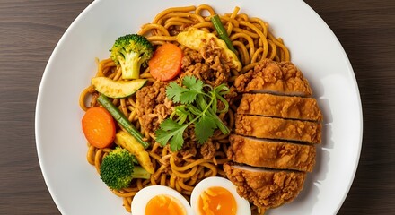 Overhead shot of noodles with sliced fried chicken and boiled eggs on plate