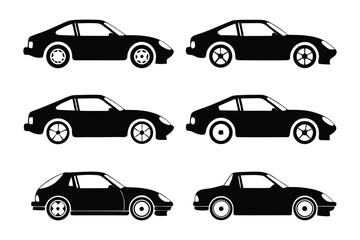 Diverse Vehicle Silhouette Collection: A comprehensive compilation of streamlined automotive silhouettes in various poses and perspectives, ideal for design assets and illustrative purposes.