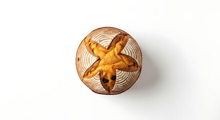 Overhead view of a round loaf of bread with a star design on a white surface