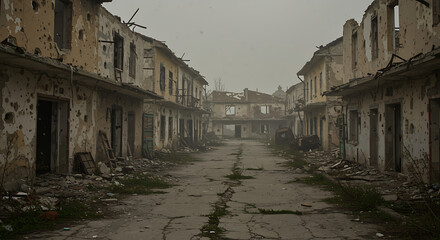 A desolate street lined with severely damaged buildings, showing signs of war and destruction.