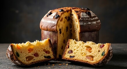 A close up shot of a sliced panettone with candied fruit and dark background