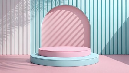 Minimalist pastel stage with layered platforms and arched backdrop casting palm leaf shadows