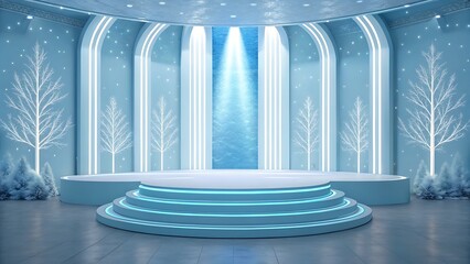 Futuristic winter stage with glowing neon accents and snow covered trees