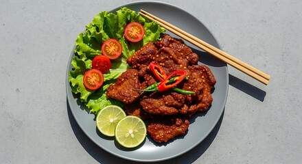 A plate of spicy meat with lettuce tomatoes and lime slices on a gray surface