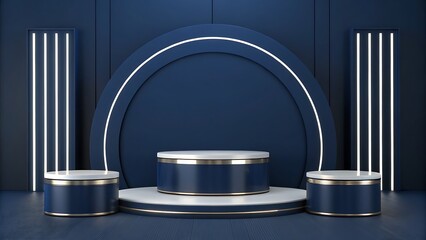 Modern luxury stage with three cylindrical pedestals and vertical neon lights on a dark blue background