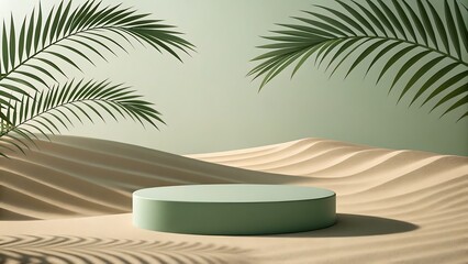 Minimalist green cylinder pedestal on rippled sand dunes with palm leaf shadows and foliage