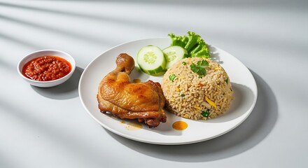 A plate with fried rice chicken leg cucumbers lettuce and a bowl of sauce