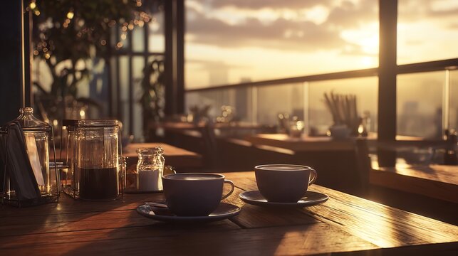 A versatile coffee shop model that seamlessly transitions from day to night, with a morning coffee vibe and a cozy bar atmosphere in the evening - Powered by Adobe