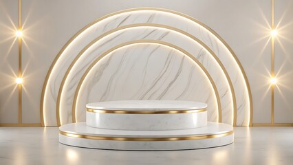 Luxurious white marble podium with gold accents and dramatic lighting for product display