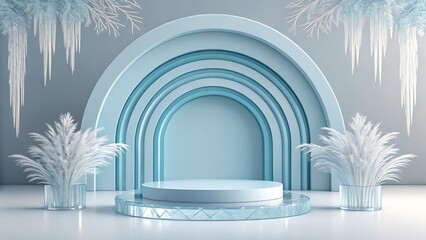 Elegant winter scene with a circular stage and frosted icicles and pampas grass accents